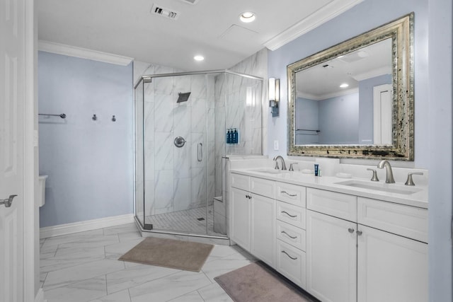 bathroom with vanity, walk in shower, and ornamental molding