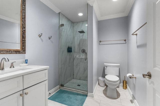 bathroom featuring vanity, toilet, crown molding, and walk in shower