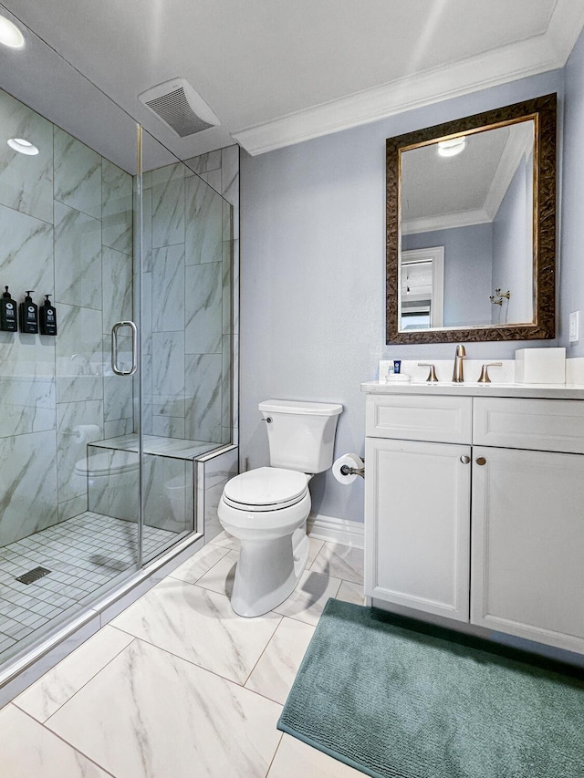 bathroom with toilet, vanity, a shower with shower door, and ornamental molding