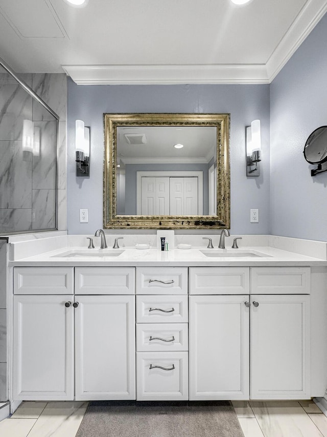 bathroom featuring a tile shower, vanity, and ornamental molding