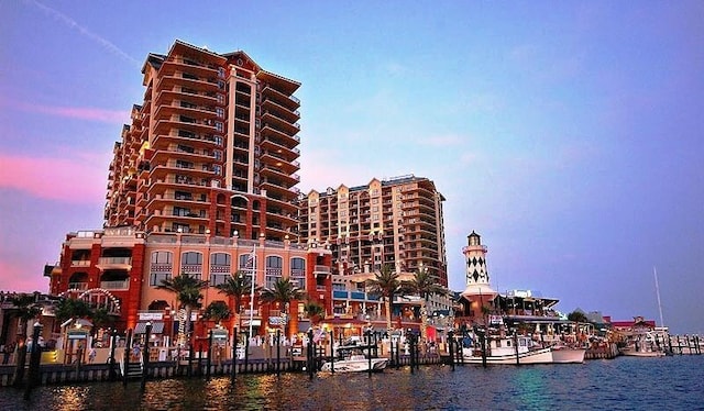 outdoor building at dusk with a water view