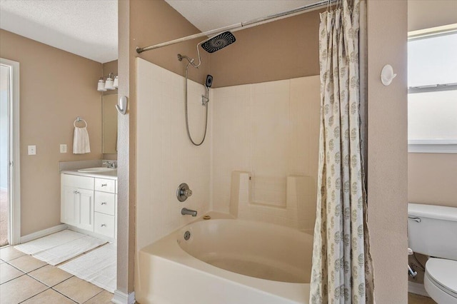 full bathroom featuring a textured ceiling, vanity, shower / bathtub combination with curtain, tile patterned flooring, and toilet