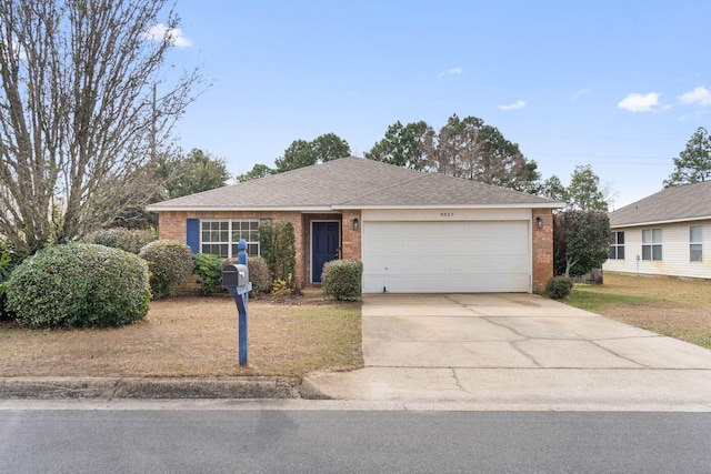 single story home featuring roof with shingles, concrete driveway, an attached garage, and brick siding