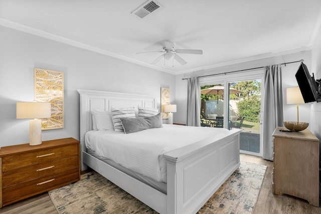 bedroom featuring access to outside, ceiling fan, crown molding, and light wood-type flooring