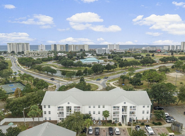 drone / aerial view with a water view