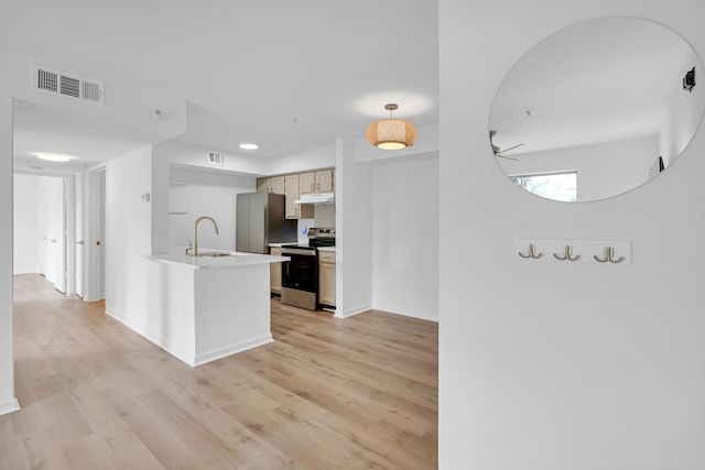 kitchen featuring appliances with stainless steel finishes, ceiling fan, sink, light hardwood / wood-style floors, and hanging light fixtures