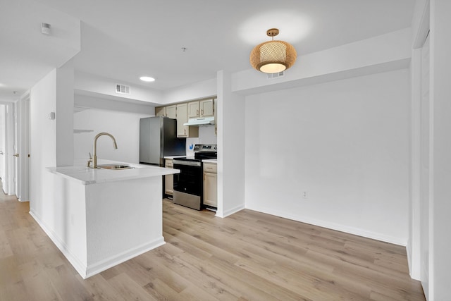 kitchen featuring kitchen peninsula, light wood-type flooring, stainless steel appliances, and sink