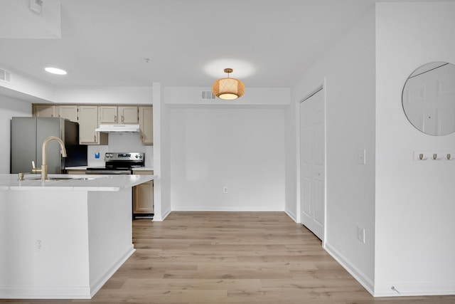 kitchen with appliances with stainless steel finishes and light hardwood / wood-style flooring