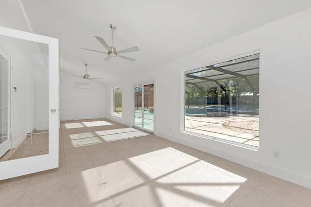 unfurnished room featuring ceiling fan, light tile patterned flooring, and french doors