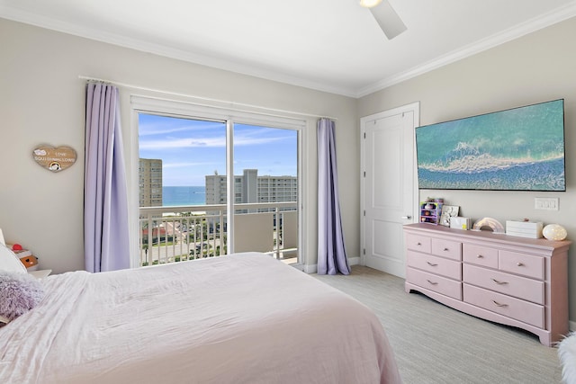 carpeted bedroom with access to exterior, ceiling fan, a water view, and ornamental molding