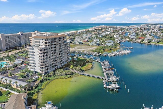 bird's eye view with a water view