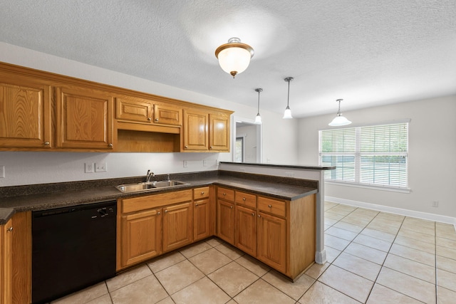kitchen with dishwasher, sink, hanging light fixtures, light tile patterned flooring, and kitchen peninsula