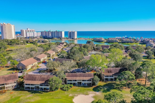 aerial view featuring a water view