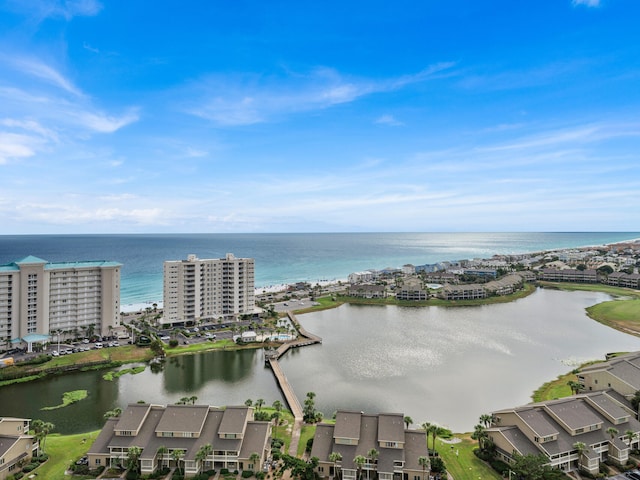 bird's eye view with a water view