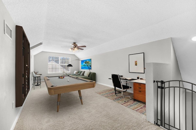 rec room featuring light carpet, vaulted ceiling, ceiling fan, a textured ceiling, and pool table