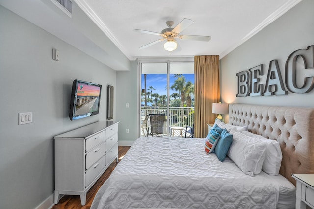 1110 Santa Rosa Blvd Unit C303, Fort Walton Beach, FL 32548 - bedroom featuring access to exterior, dark wood-type flooring, ornamental molding, ceiling fan, and expansive windows