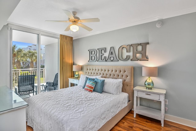 bedroom with ceiling fan, dark hardwood / wood-style flooring, crown molding, and access to outside