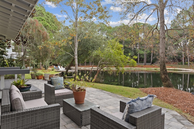 view of patio / terrace featuring a water view