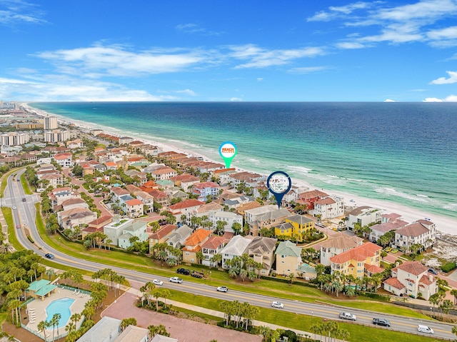 aerial view featuring a beach view and a water view