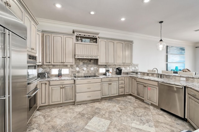 kitchen featuring backsplash, crown molding, sink, light stone countertops, and stainless steel appliances