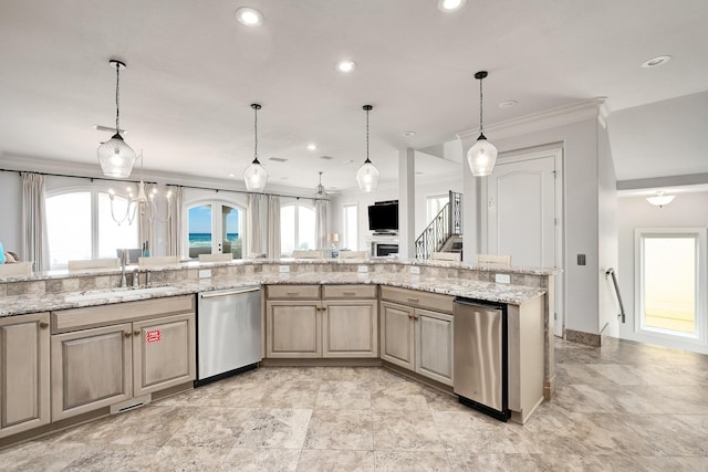 kitchen with light stone counters, crown molding, sink, pendant lighting, and dishwasher