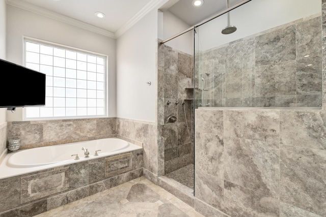 bathroom with separate shower and tub, crown molding, and plenty of natural light