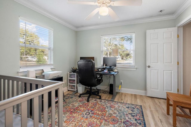 office space with ceiling fan, light hardwood / wood-style floors, and ornamental molding