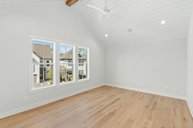 unfurnished room with beamed ceiling, high vaulted ceiling, and light hardwood / wood-style flooring