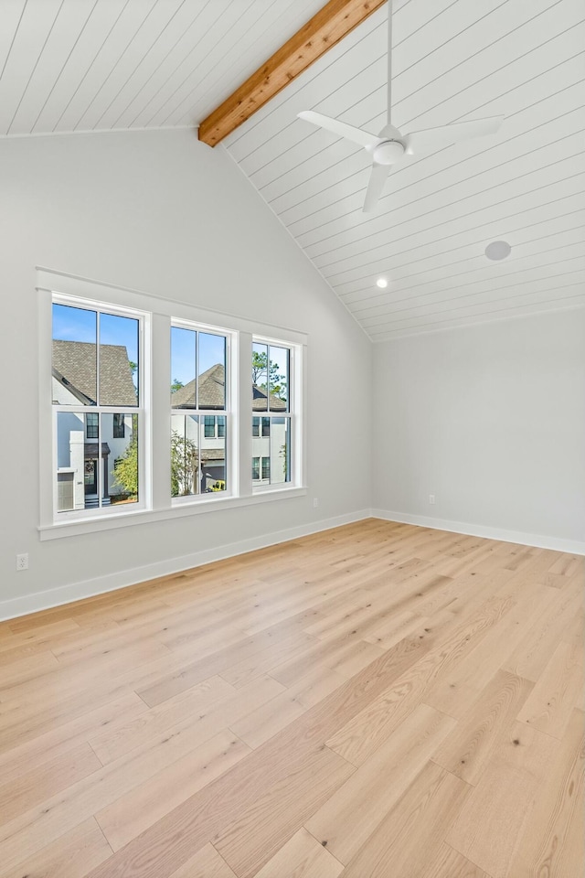 interior space featuring vaulted ceiling with beams, ceiling fan, light hardwood / wood-style flooring, and wooden ceiling