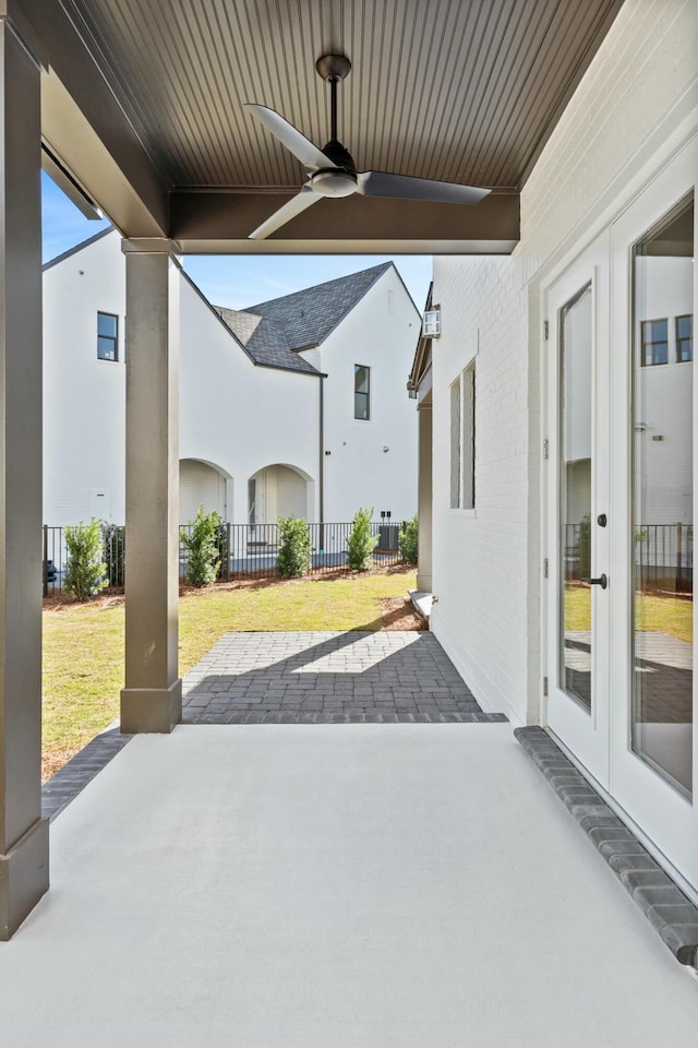 view of patio with ceiling fan and french doors