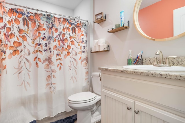 bathroom with vanity, wood-type flooring, and toilet