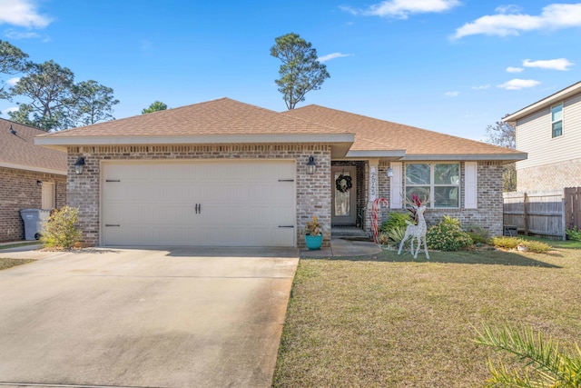 single story home with a garage and a front lawn