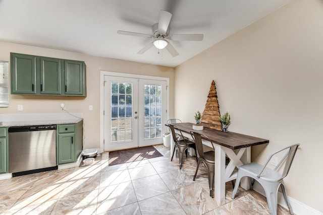 dining space featuring french doors and ceiling fan