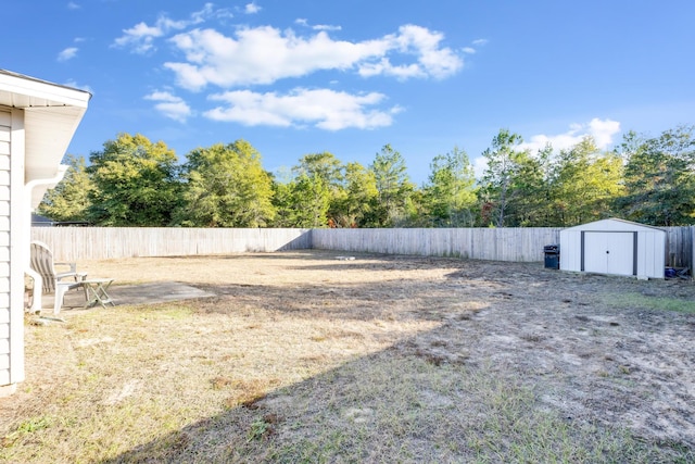 view of yard featuring a storage shed