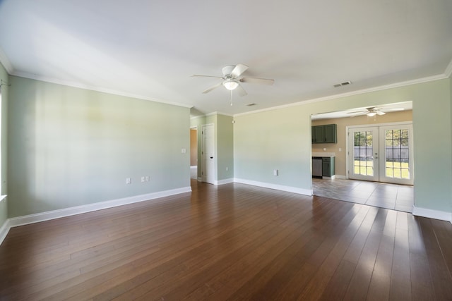 unfurnished room with dark wood-style floors, visible vents, french doors, and a ceiling fan