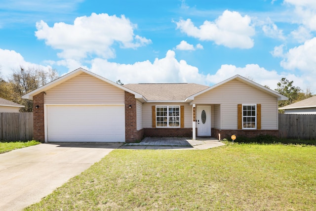 single story home with brick siding, concrete driveway, and an attached garage