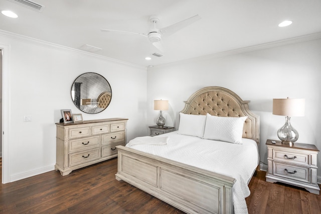 bedroom with ceiling fan, dark hardwood / wood-style floors, and ornamental molding