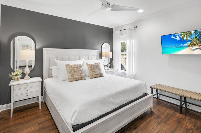 bedroom with crown molding, ceiling fan, and dark wood-type flooring