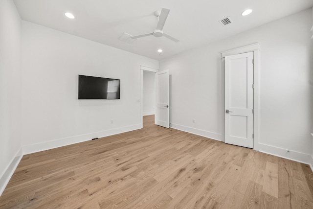 interior space with ceiling fan and light wood-type flooring