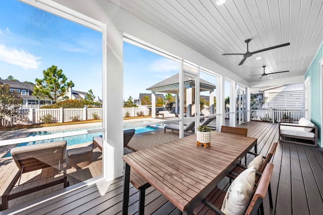 deck with a ceiling fan, outdoor dining space, a fenced backyard, and a fenced in pool