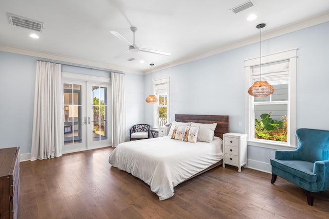 bedroom with ceiling fan, access to exterior, ornamental molding, dark hardwood / wood-style flooring, and french doors