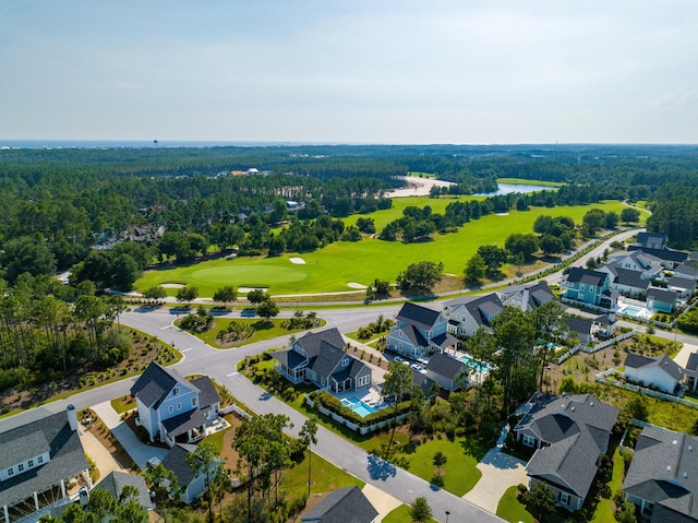 aerial view featuring a residential view and view of golf course