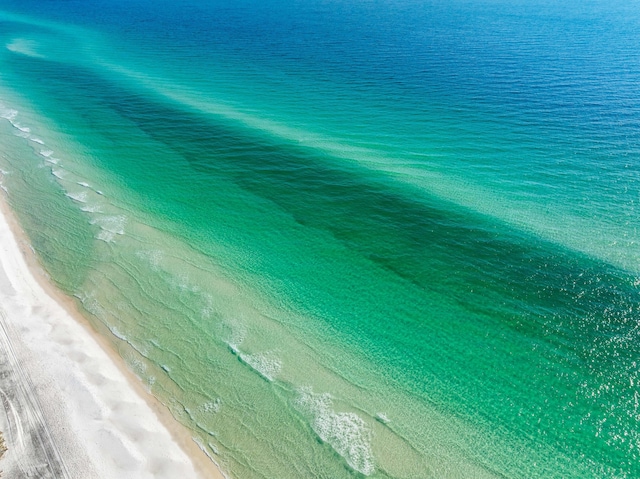 bird's eye view with a water view and a view of the beach