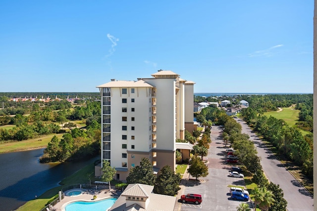 view of building exterior featuring a water view