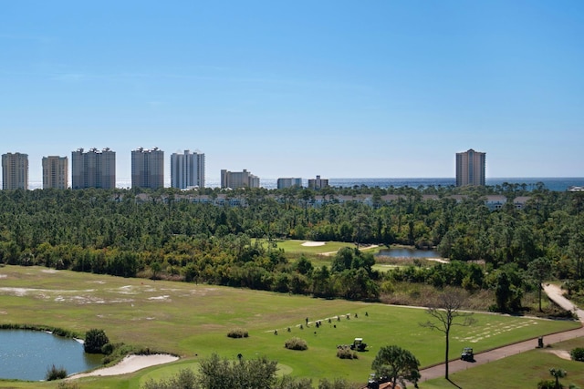 birds eye view of property featuring a city view and a water view