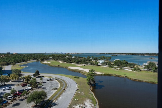 drone / aerial view with a water view