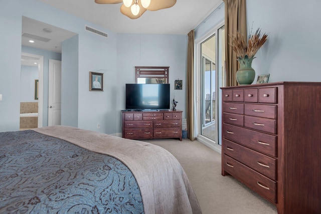 bedroom featuring access to exterior, visible vents, ceiling fan, light carpet, and ensuite bathroom
