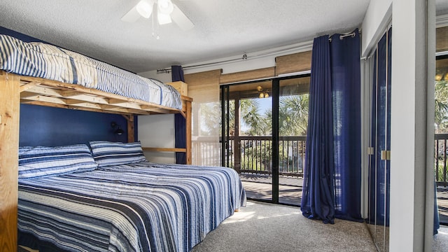 bedroom featuring ceiling fan, access to exterior, carpet floors, and a textured ceiling