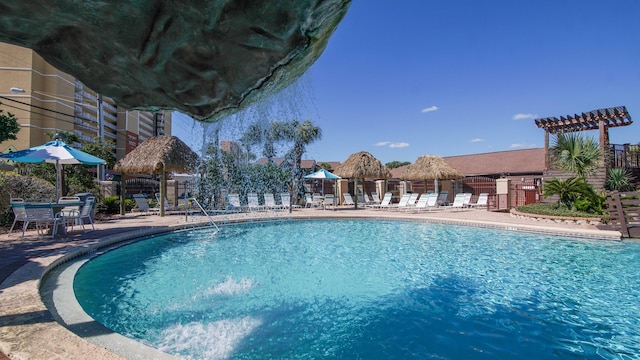 view of swimming pool with a patio