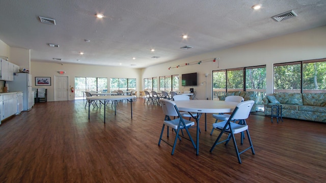 dining room with dark hardwood / wood-style flooring and a textured ceiling